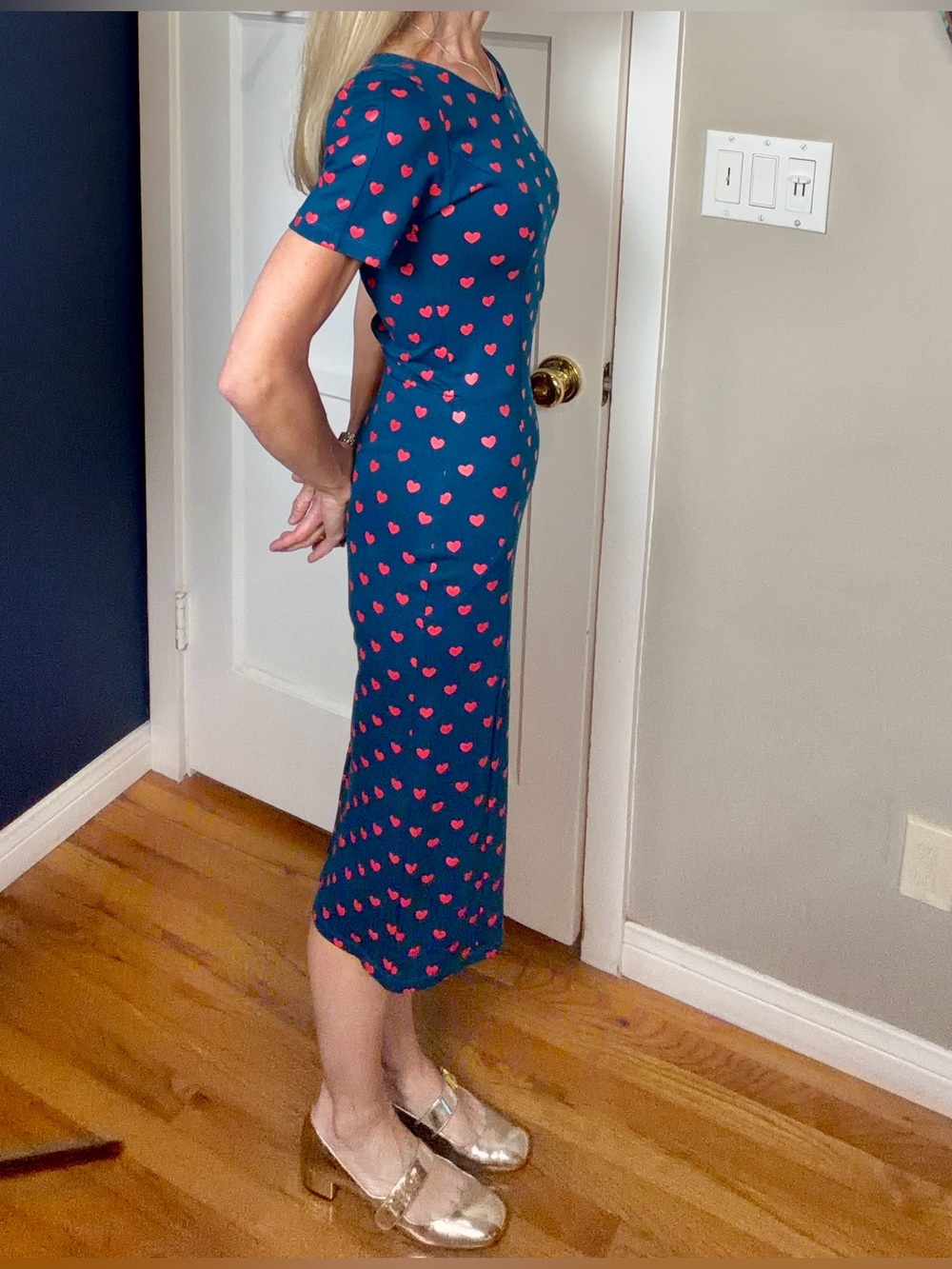 Unique Vintage Teal Heart-Print short sleeve bodycon dress,S, EUC - Picture 6 of 12
